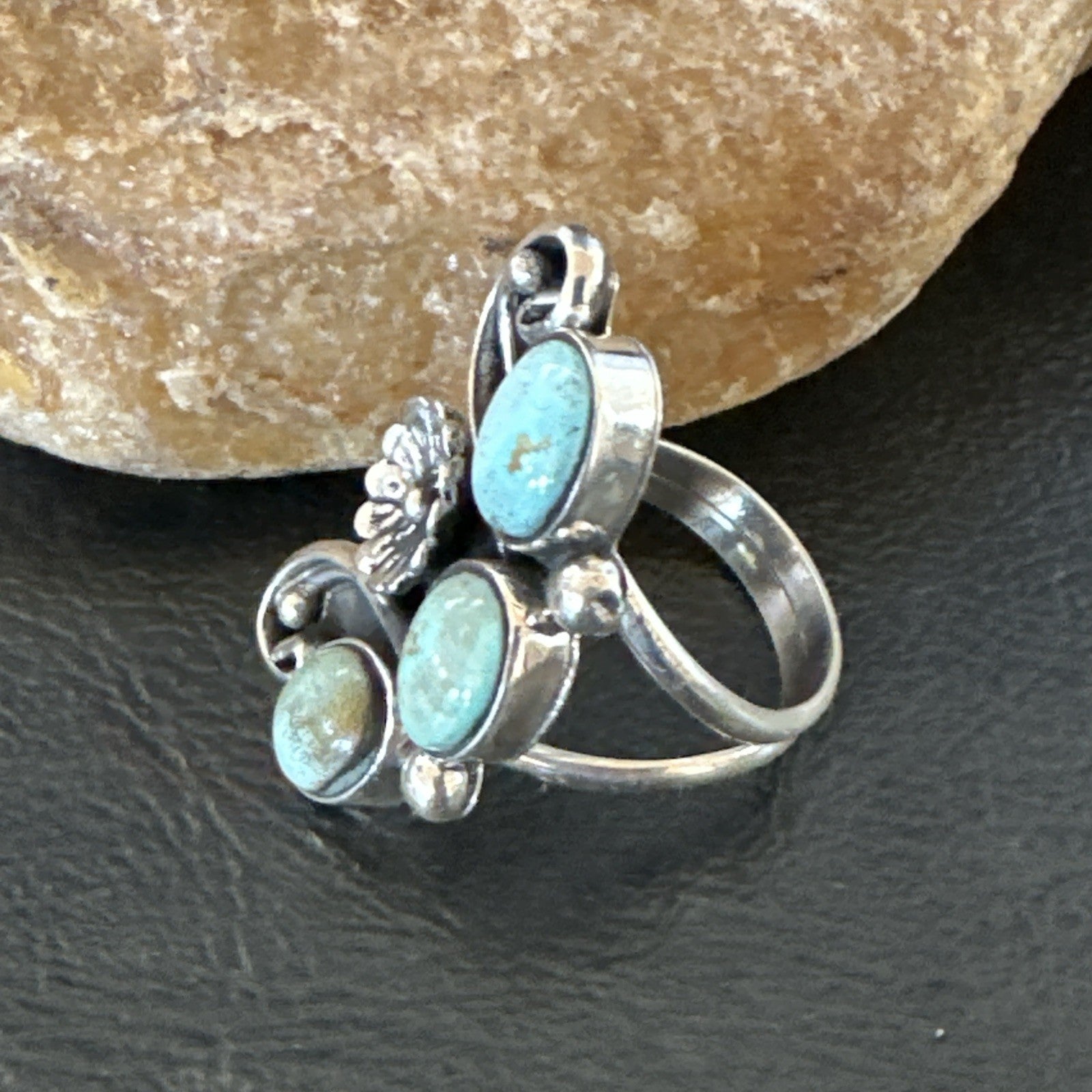 Yazzie Ring Green Turquoise Navajo Sterling Silver Cluster Size 8.5 19213