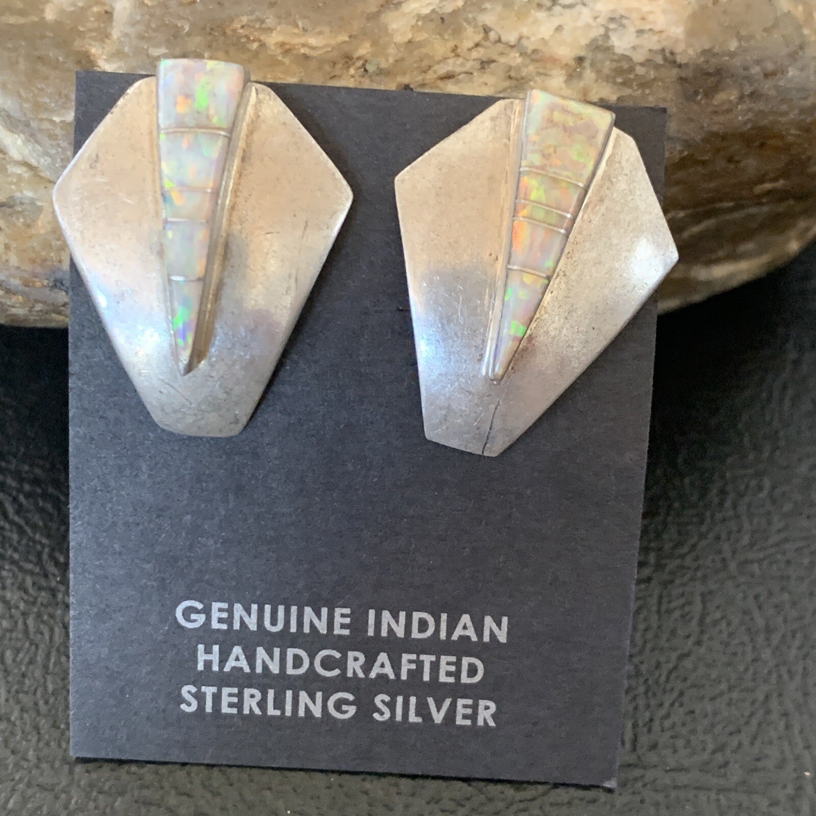 Womens White Opal Inlay Navajo Sterling Silver Dangle Post Earrings 0.5" 12766