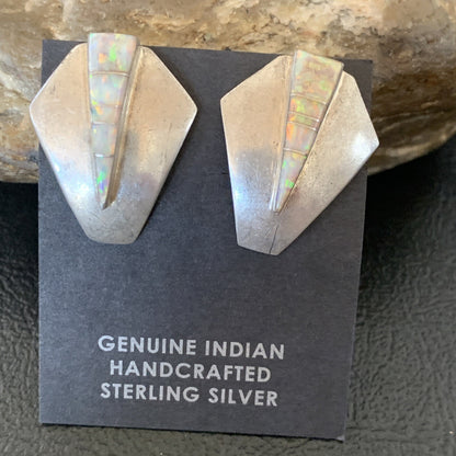 Womens White Opal Inlay Navajo Sterling Silver Dangle Post Earrings 0.5" 12766