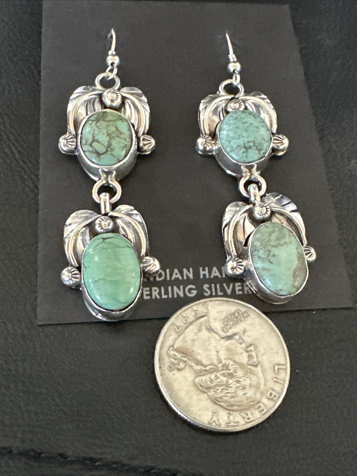 Native Navajo Green Turquoise Sterling Silver Dangle Earrings 2” 17910