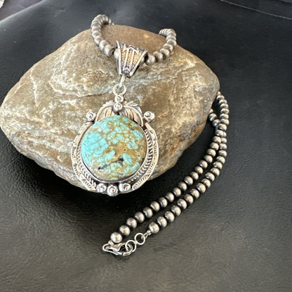 Mens Blue Turquoise#8 Pendant Navajo Sterling Silver Necklace 18073