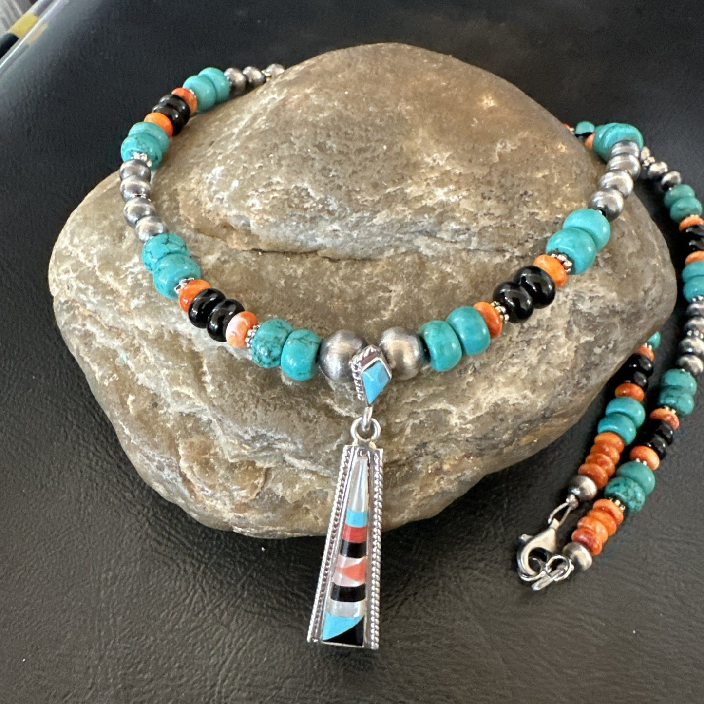 Multicolor Turquoise Spiny  Zuni Sterling Silver Inlay Pendant Necklace 19664