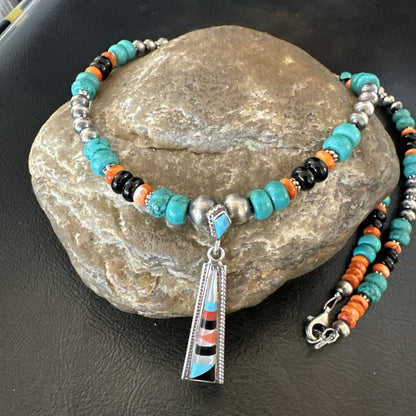 Multicolor Turquoise Spiny  Zuni Sterling Silver Inlay Pendant Necklace 19664