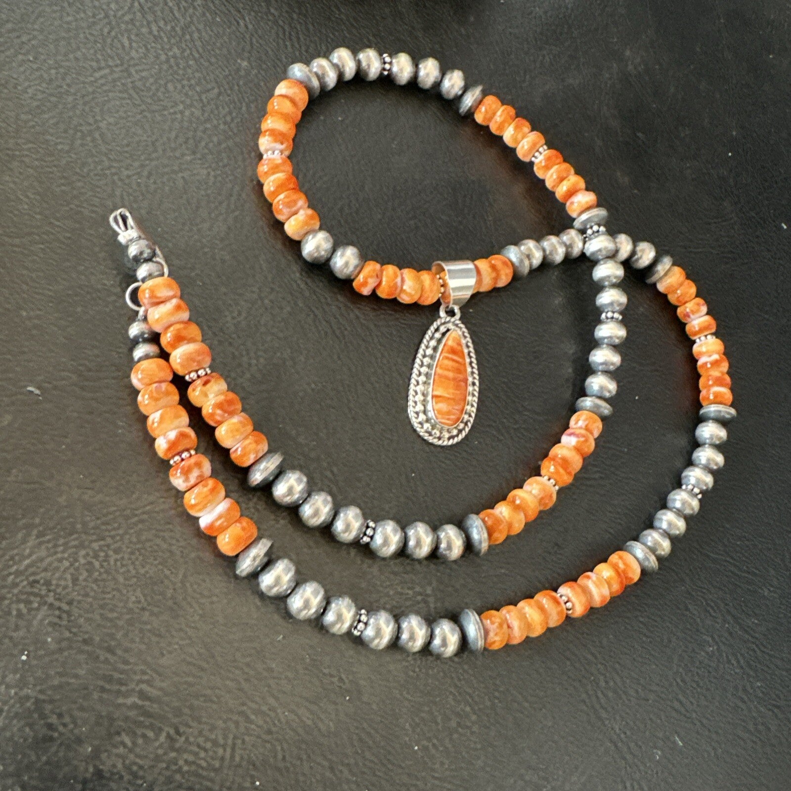 Orange Spiny Oyster Navajo Pearls Sterling Silver Necklace Pendant 18678