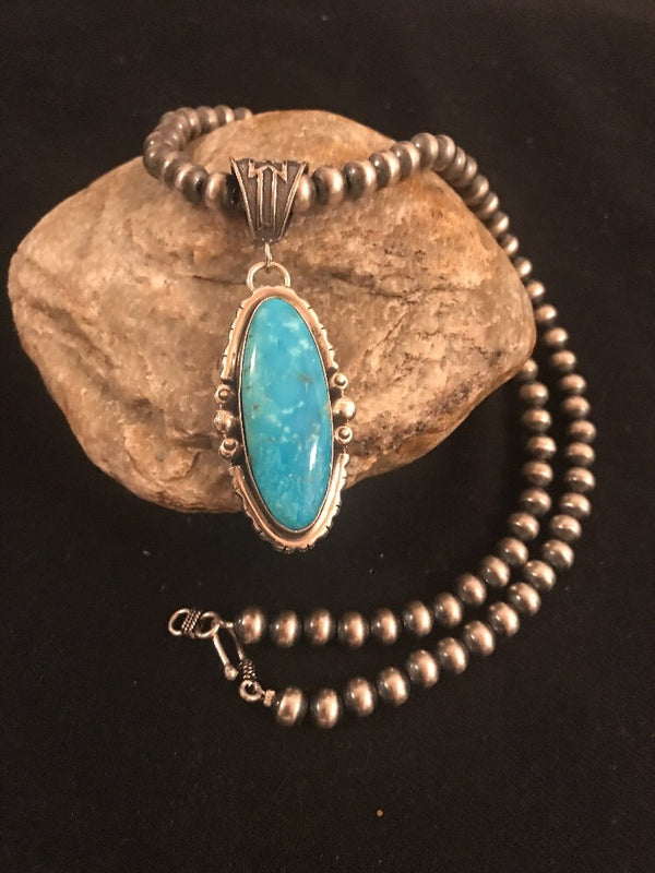 Yazzie Blue Turquoise 2.5"Pendant Navajo Pearls Necklace | Sterling Silver | Authentic Native American Handmade | 3232