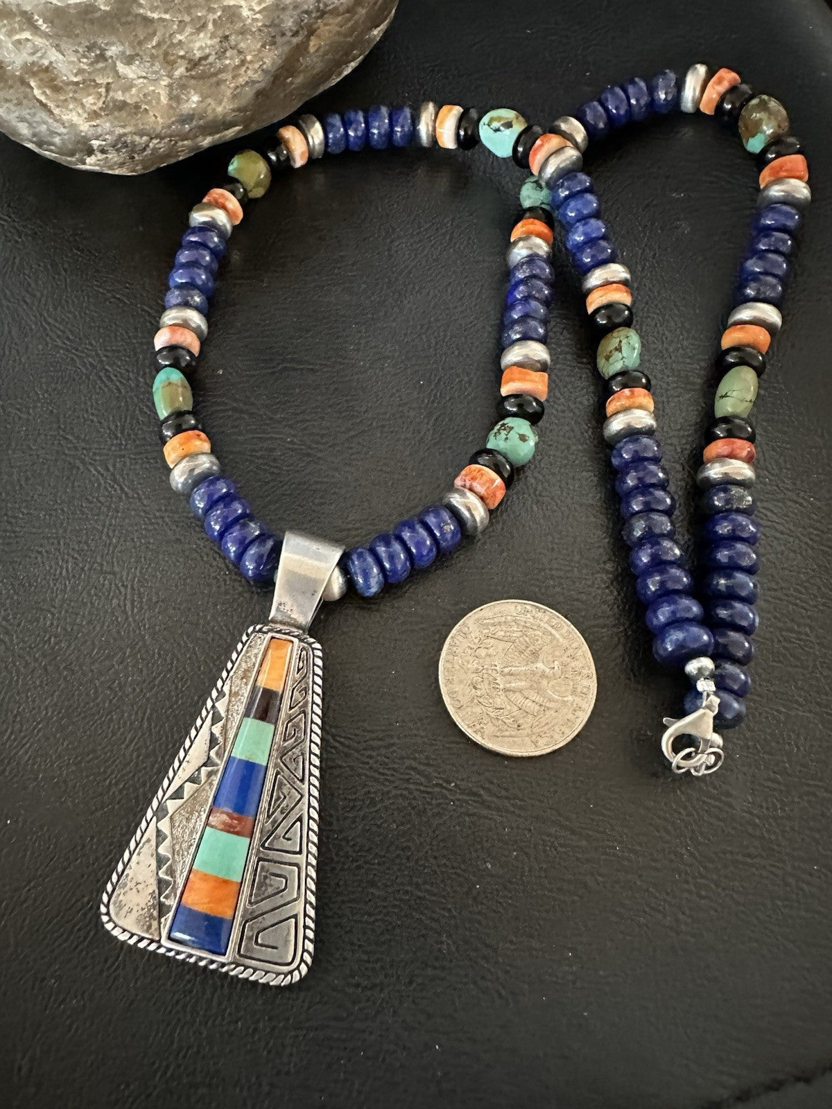 Multicolor Inlay Lapis Pendant Navajo Sterling Silver Necklace 22” 19467