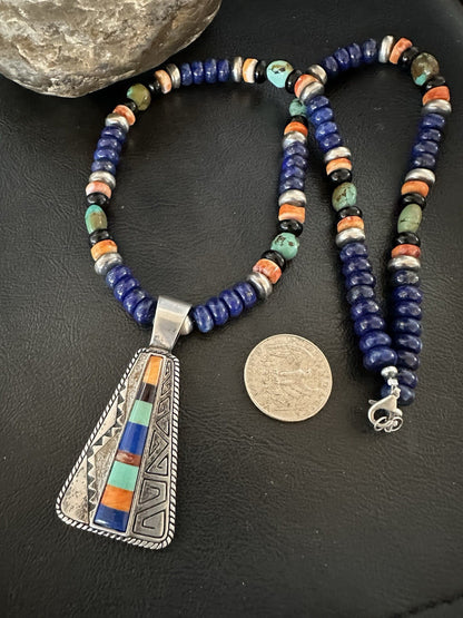 Multicolor Inlay Lapis Pendant Navajo Sterling Silver Necklace 22” 19467