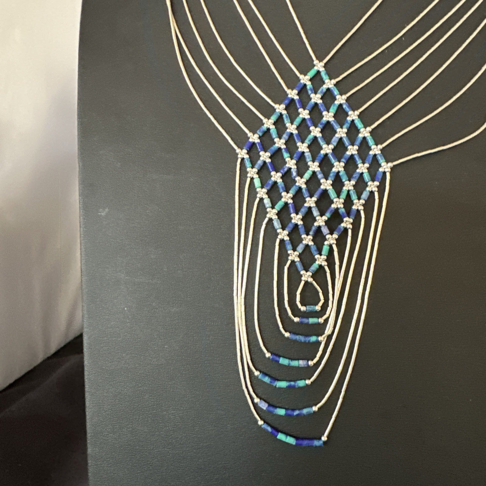 Azurite Heishi Tubes Pendant 7 Strand Liquid Sterling Silver Necklace 19751