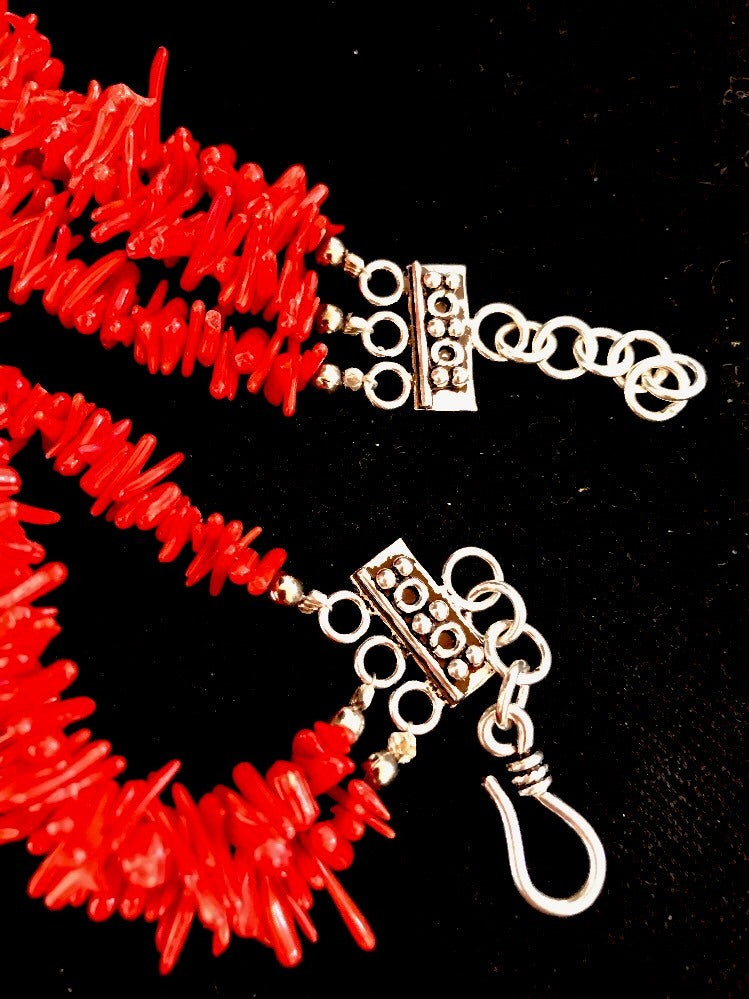 Navajo Indian 3S Red Natural Branch Coral Sterling Silver Necklace 17709