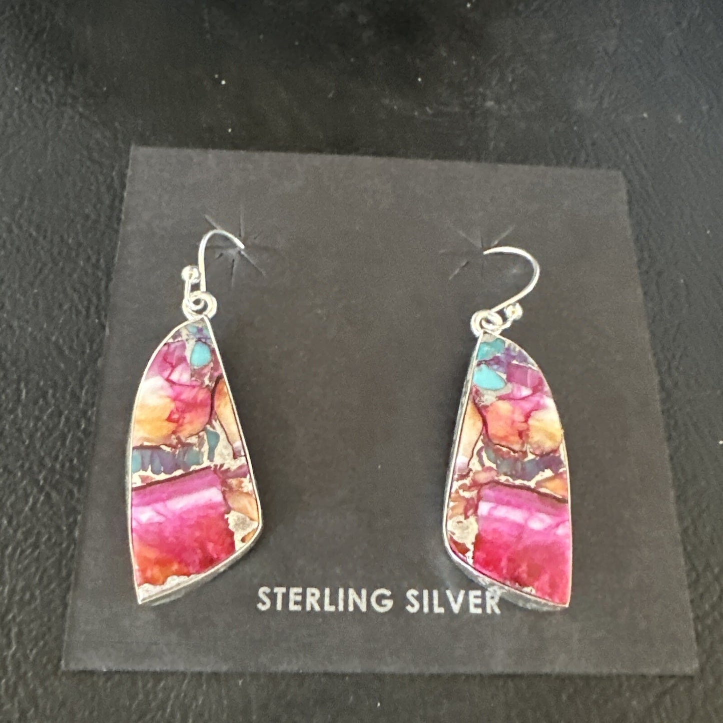 Blue Turquoise Purple Spiny Oyster Inlay Sterling Silver Dangle Earrings 15565