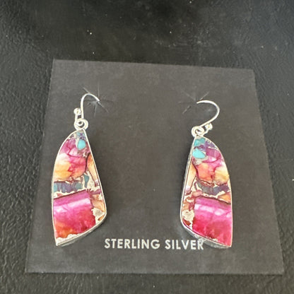 Blue Turquoise Purple Spiny Oyster Inlay Sterling Silver Dangle Earrings 15565