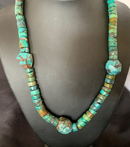 Men Chunky Spiderweb Turquoise Heishi Navajo Sterling Silver Necklace 21” 124504