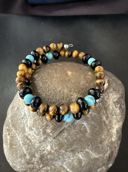 Blue Turquoise Coffee Tigers Eye Navajo Stainless Memory Wire Bracelet 19695