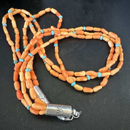 Native Turquoise Orange Coral Sterling Silver 3 Strand Necklace 21" 17818