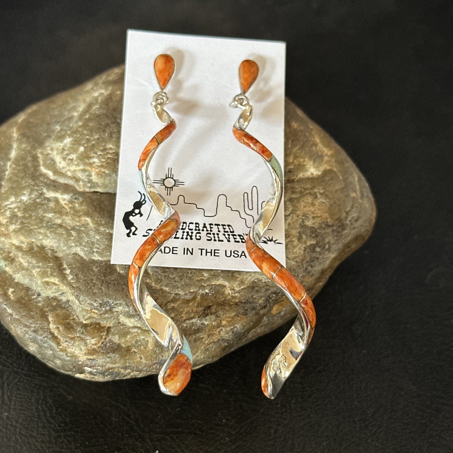 Orange Spiny Oyster Opal Sterling Silver Swirl Dangle Earrings 3" 19134