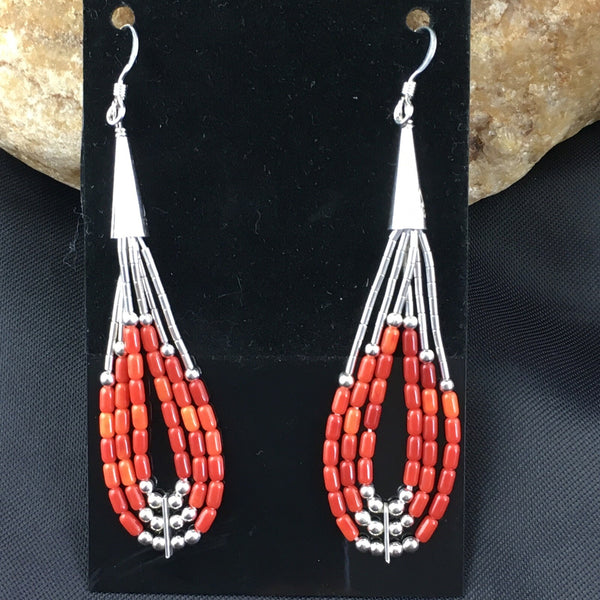 Red Coral 3 Strands Heishi Liquid Dangle Earrings | Sterling Silver | Authentic Native American Handmade | 1977