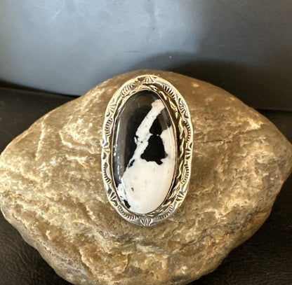 Black White Buffalo Turquoise Navajo Sterling Silver Ring Size 9 19808