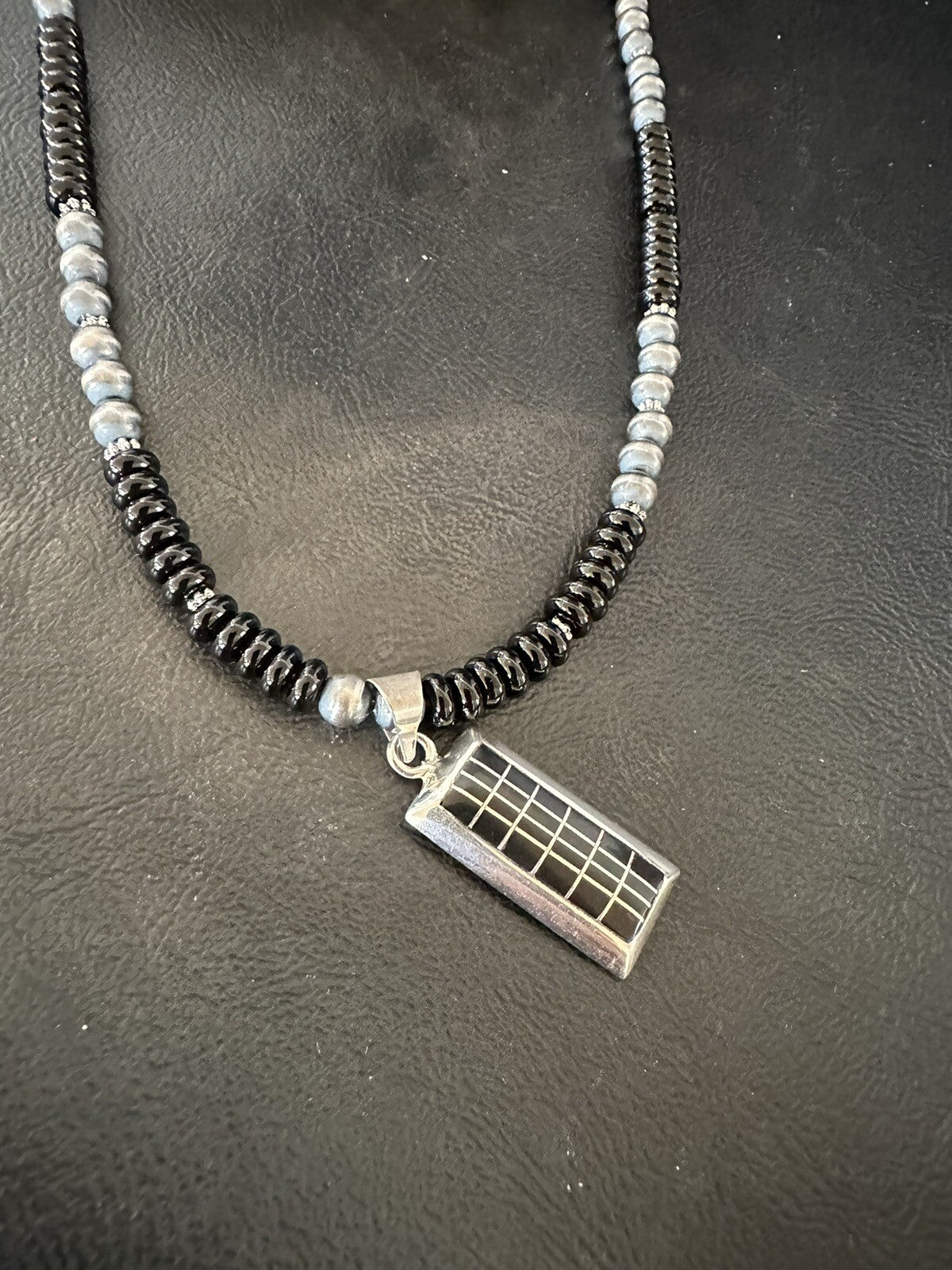 Mens Womens Black Onyx Pendant Navajo Sterling Silver Beads Necklace 18331