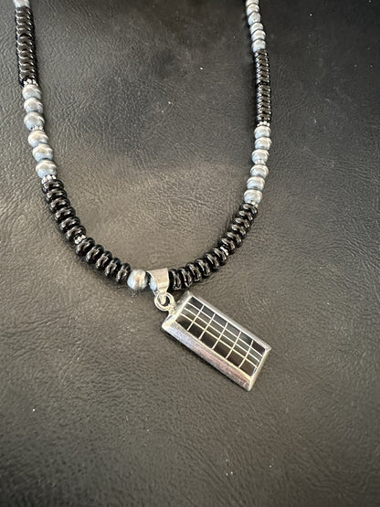 Mens Womens Black Onyx Pendant Navajo Sterling Silver Beads Necklace 18331