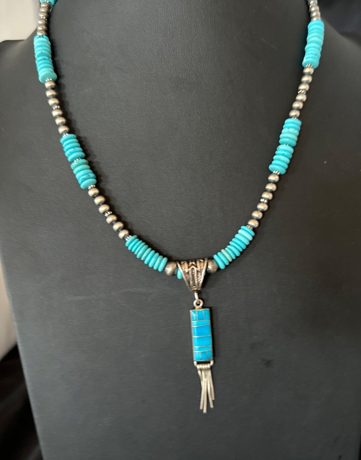 Blue Turquoise Inlay Pendant Navajo Sterling Silver Necklace 19514