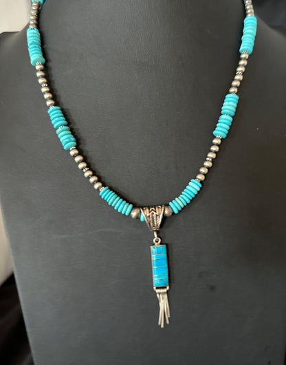 Blue Turquoise Inlay Pendant Navajo Sterling Silver Necklace 19514
