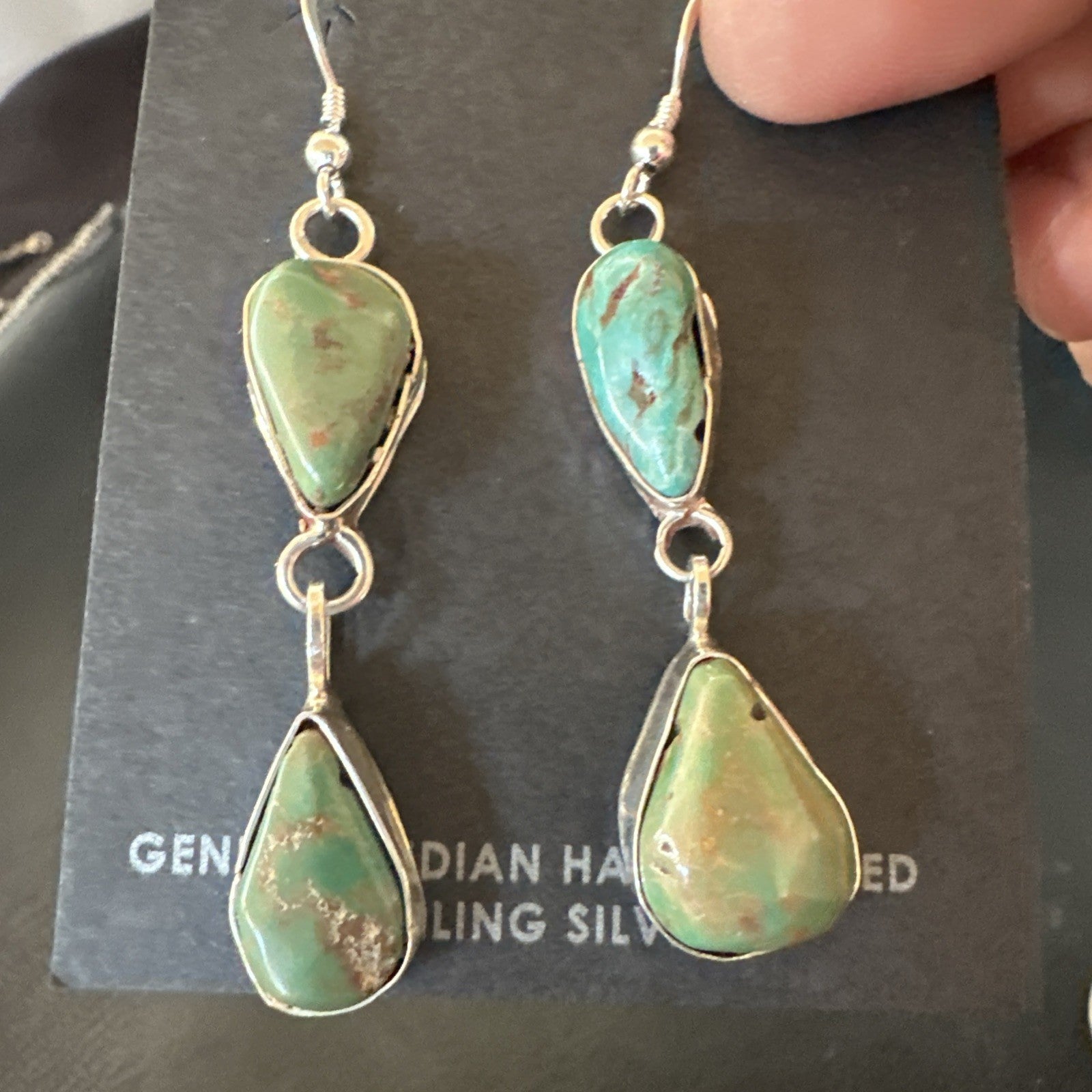 Green Royston Turquoise Navajo Sterling Silver Dangle Earrings 19416