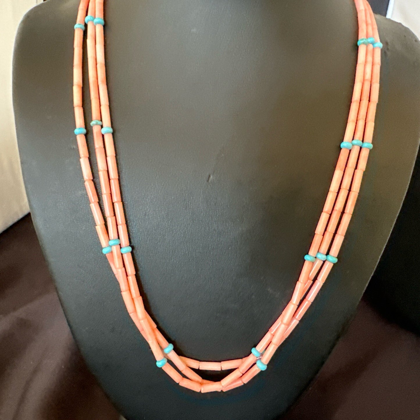 Native American Turquoise Pink Coral Sterling Silver 3 Strand Necklace 21" 17816