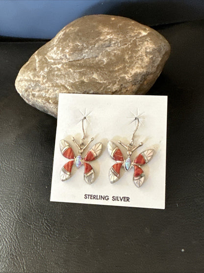 Butterfly Multicolor Red Spiny MOP Inlay Sterling Silver Earrings 19817