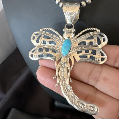 Navajo Dragonfly Blue Turquoise Sterling Silver Necklace Pendant 3" 18579