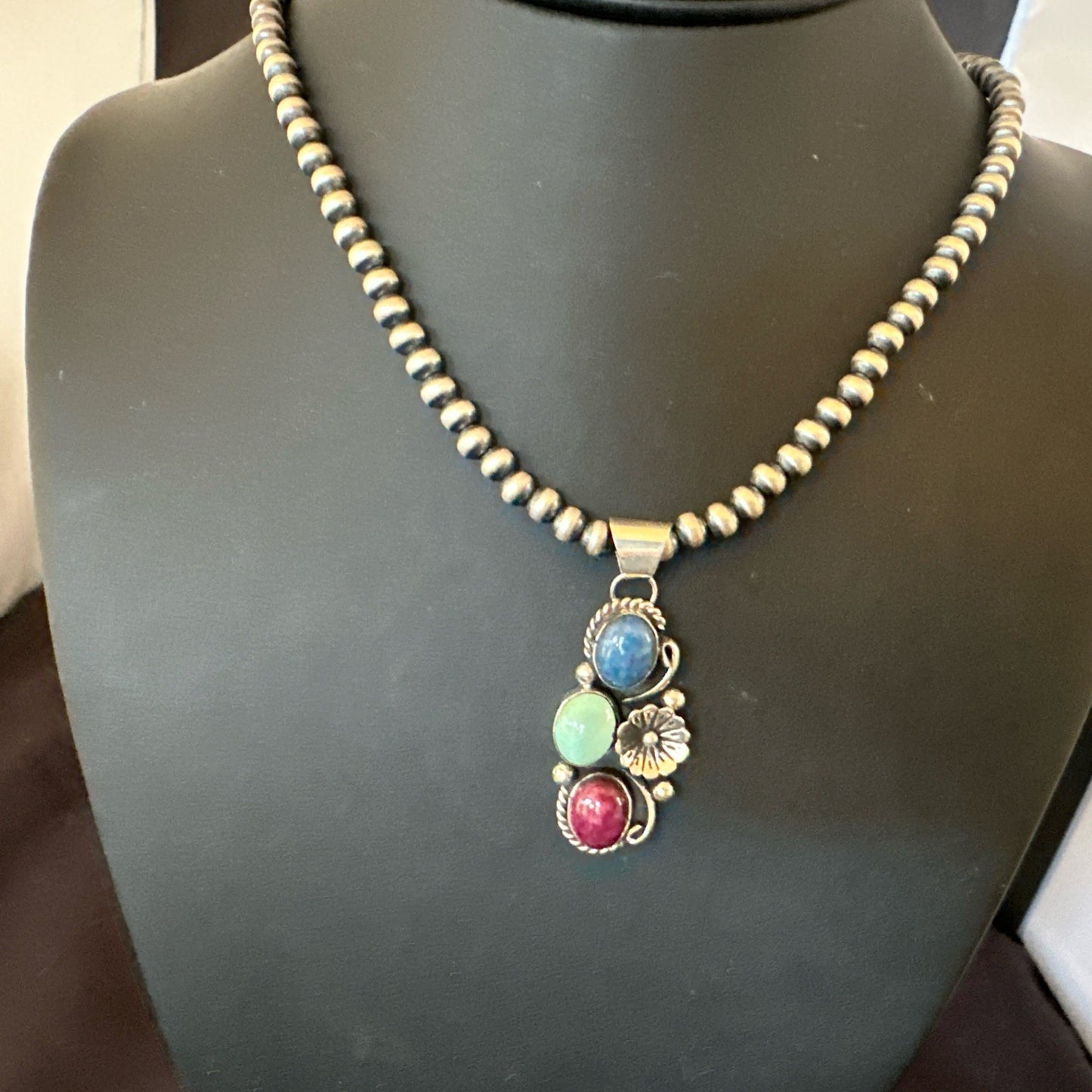 Multicolor Turquoise Spiny Navajo Sterling Silver Cluster Pendant Necklace 19313