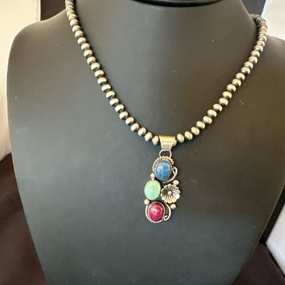 Multicolor Turquoise Spiny Navajo Sterling Silver Cluster Pendant Necklace 19313