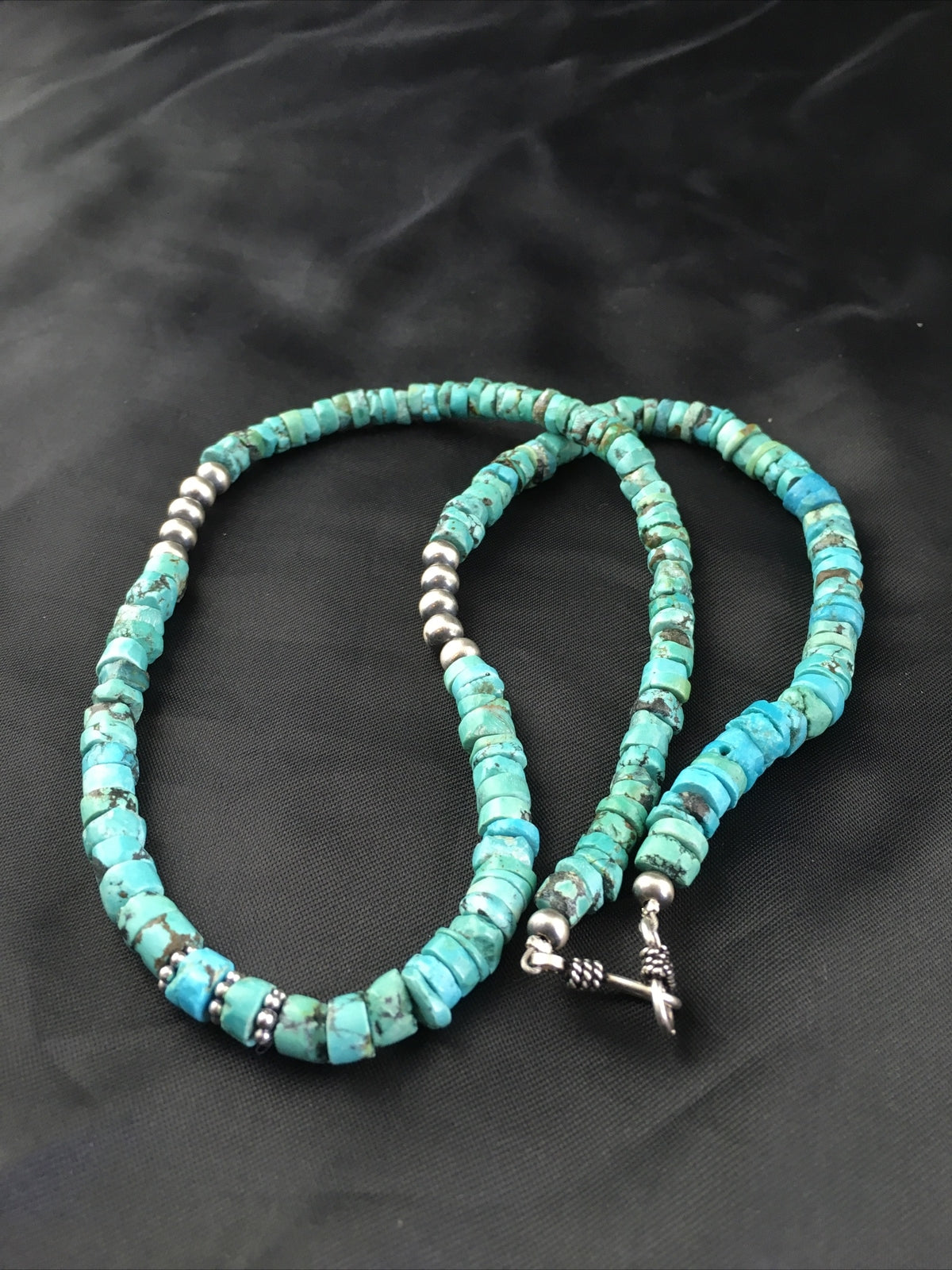 Blue Turquoise 7mm Heishi Bead Navajo Sterling Silver Necklace 1498