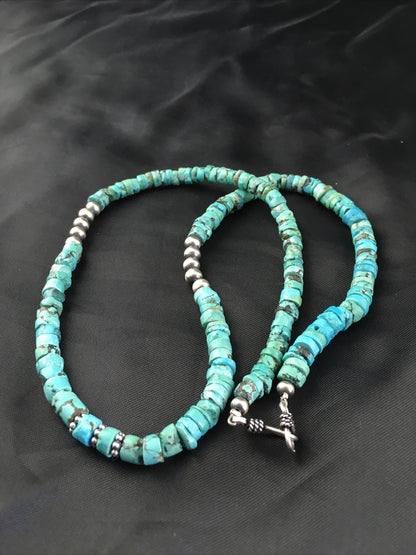 Blue Turquoise 7mm Heishi Bead Navajo Sterling Silver Necklace 1498