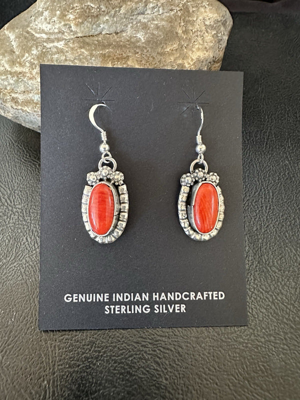 Handmade Red Coral Navajo Dangle Earrings Yazzie | Sterling Silver | Authentic Native American Handmade | 19534