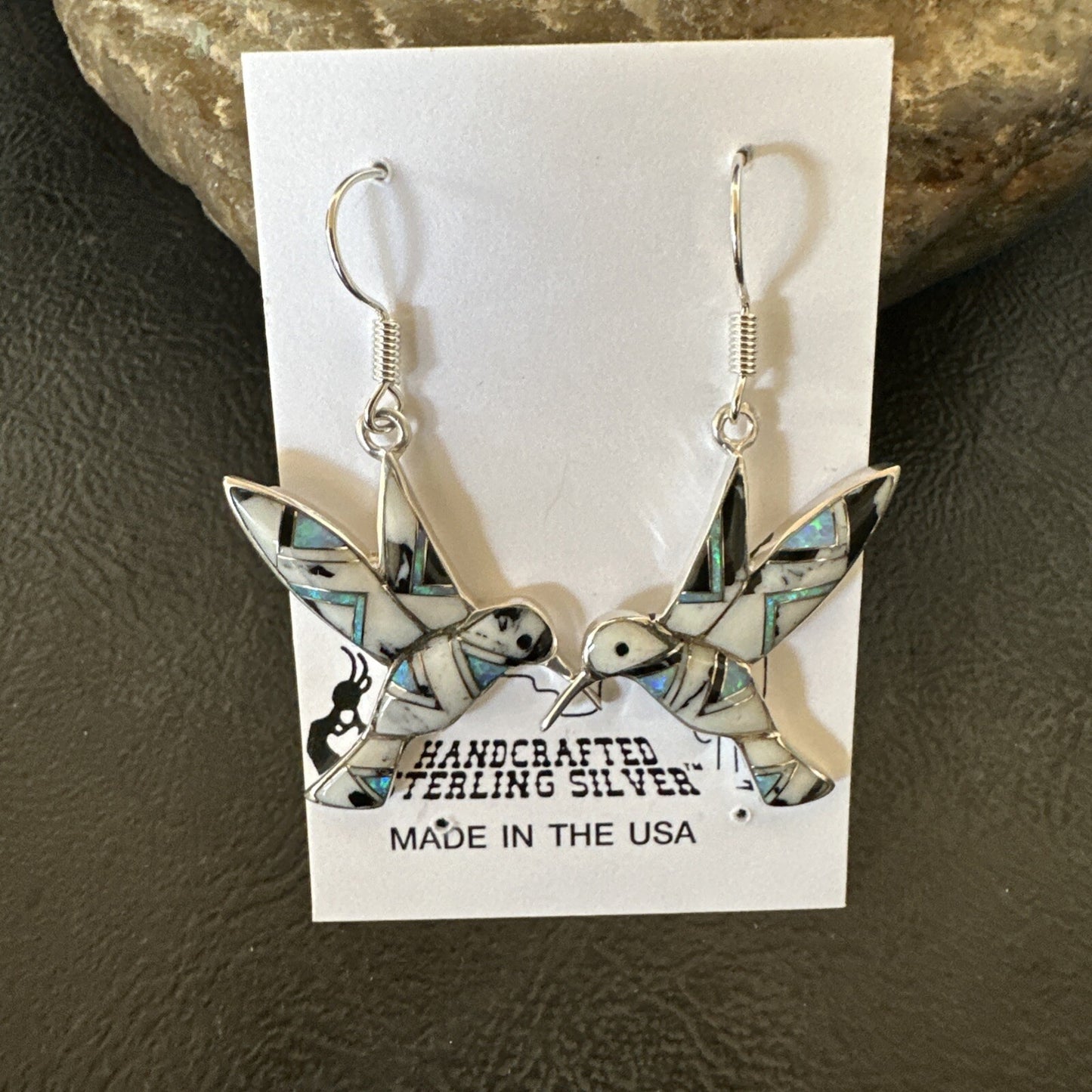 White Buffalo Turquoise Opal Onyx Sterling Silver Hummingbird Earrings 18546