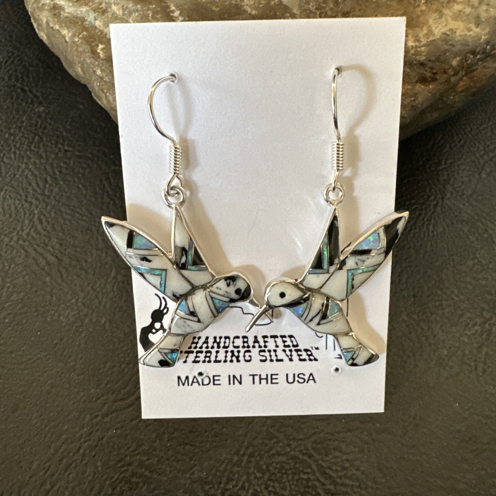 White Buffalo Turquoise Opal Onyx Sterling Silver Hummingbird Earrings 18546