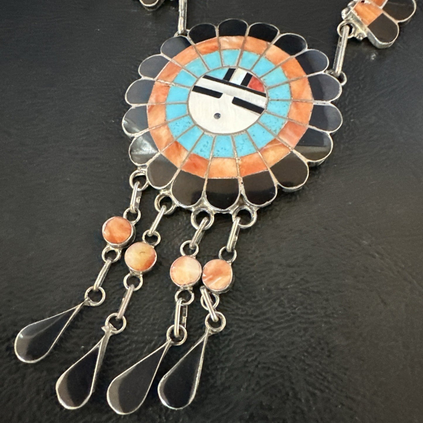 Sunface Spiny Onyx Turquoise Zuni Sterling Silver Necklace 19" Earrings 19114