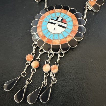 Sunface Spiny Onyx Turquoise Zuni Sterling Silver Necklace 19" Earrings 19114