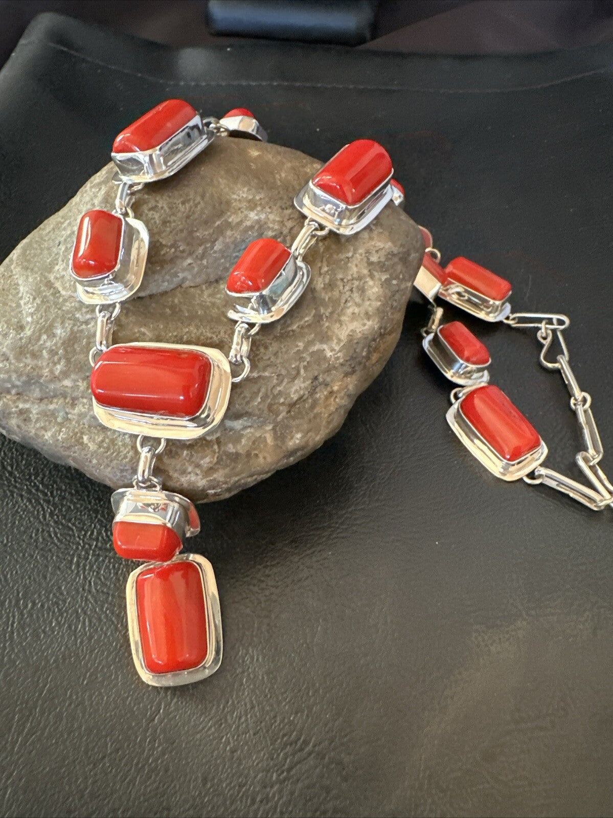 Handmade Women Red Coral Lariat Necklace Pendant Sterling Silver 19” 18410