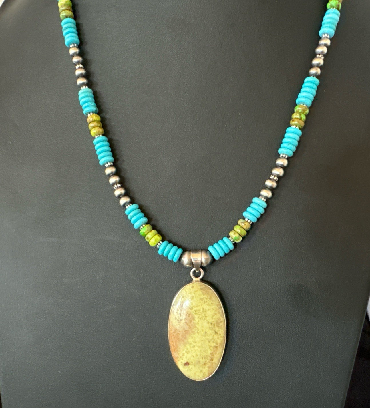 Green Gaspeite Pendant Blue Turquoise Navajo Sterling Silver Necklace 20" 19671
