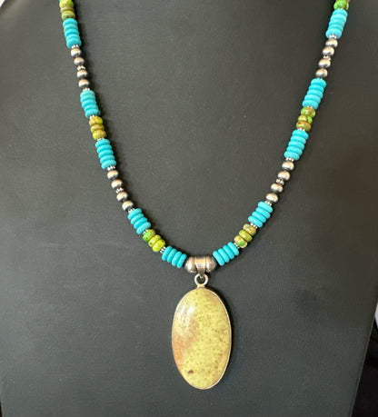 Green Gaspeite Pendant Blue Turquoise Navajo Sterling Silver Necklace 20" 19671