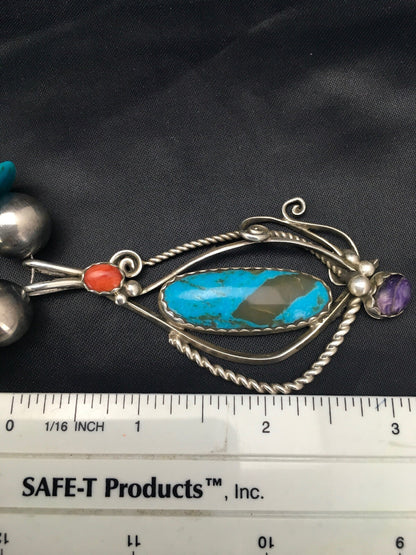 Kingman Turquoise & Spiny Oyster Pendant Navajo Sterling Silver Necklace 02637