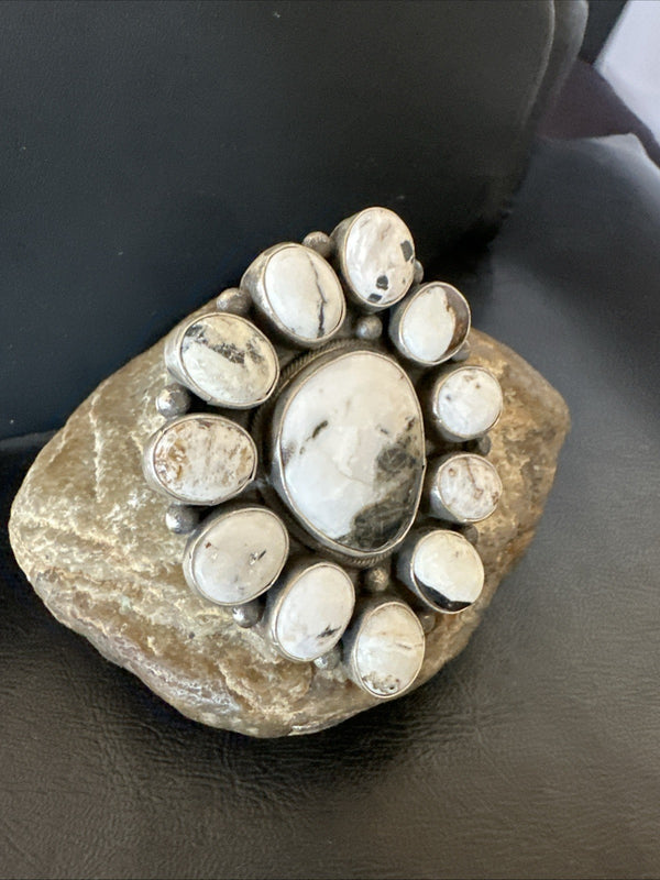 XXL White Buffalo Turquoise Navajo Cluster Ring Size 8 | Sterling Silver | Authentic Native American Handmade | 19275