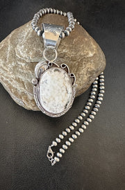 White Buffalo Turquoise Pendant Navajo Pearls Necklace | Sterling Silver | Authentic Native American Handmade | 19377