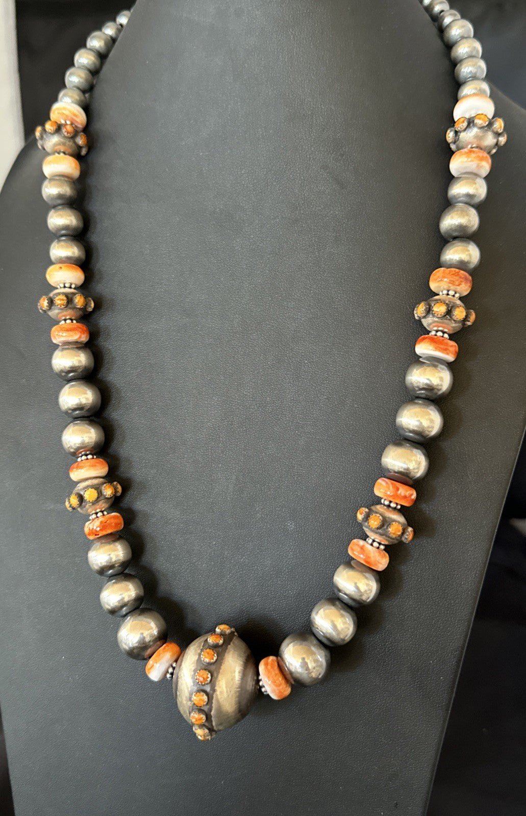 XL Orange Spiny Oyster Navajo Pearls Graduated Sterling Bead Necklace 25" 19610