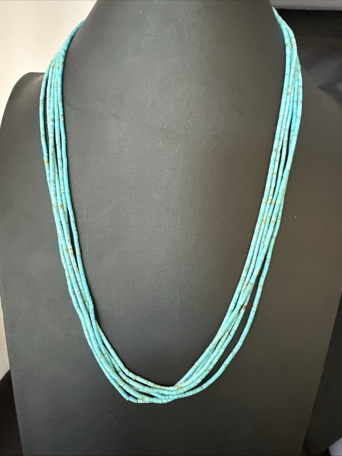 Native Blue Turquoise Heishi 5 Strand Sterling Silver Necklace 24” 19458