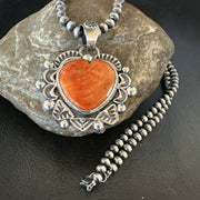 H Joe Orange Spiny Oyster Heart Pendant Navajo Necklace | Sterling Silver | Authentic Native American Handmade | 19486