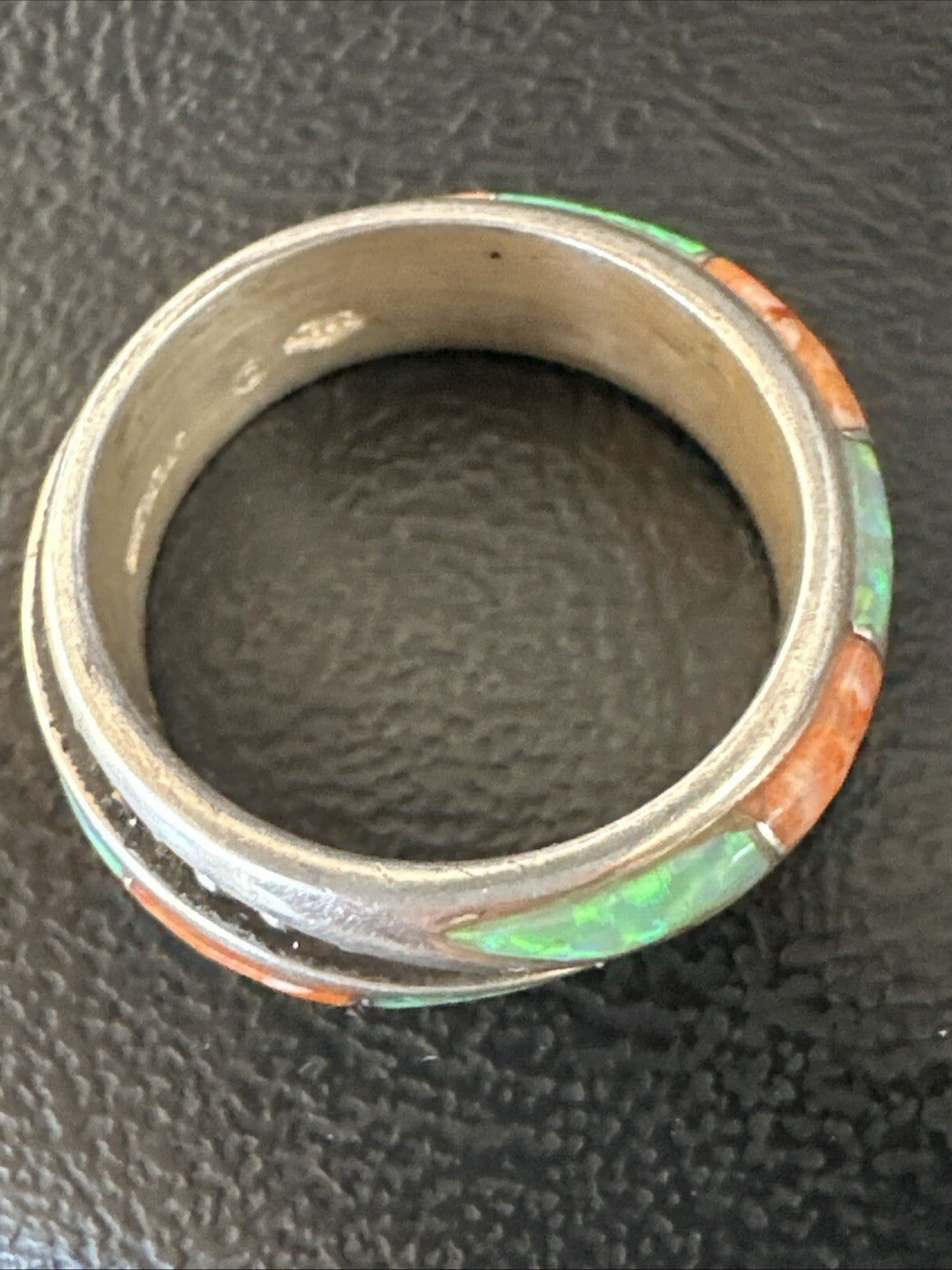 Green Opal Orange Spiny Navajo Sterling Silver Band Inlay Ring Size 9 18811