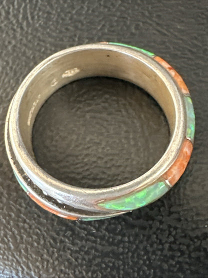 Green Opal Orange Spiny Navajo Sterling Silver Band Inlay Ring Size 9 18811