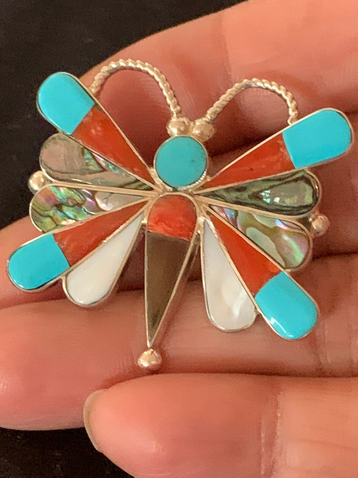Turquoise & Mother Of Pearls Butterfly Zuni Sterling Silver Pin Pendant 04695